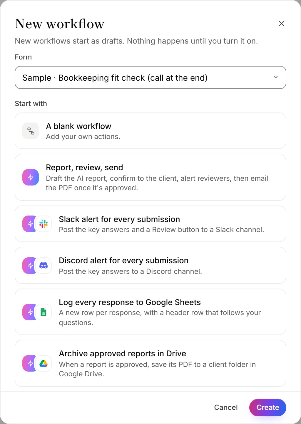 The New workflow panel, with the Nudge people who stop halfway recipe picked