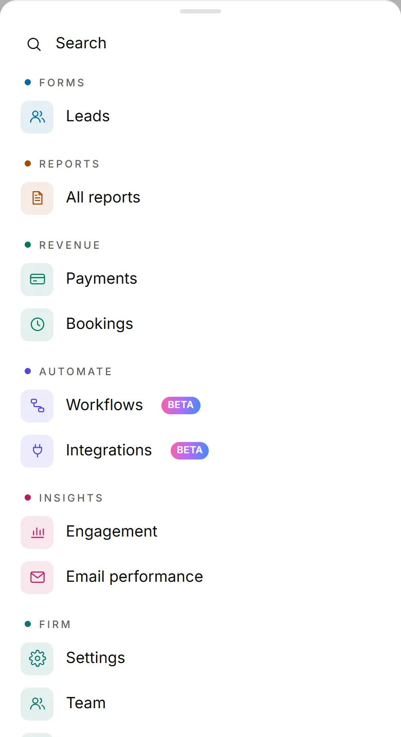 The More menu on a phone, with every section of OneForm