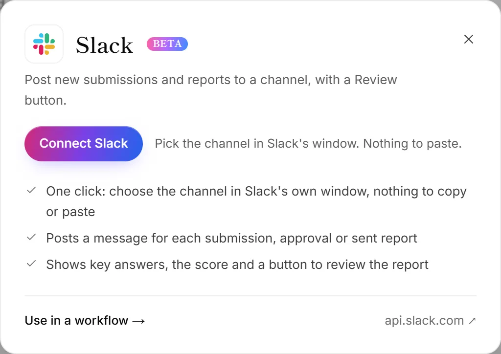The Slack panel on the Integrations page, with the Connect Slack button