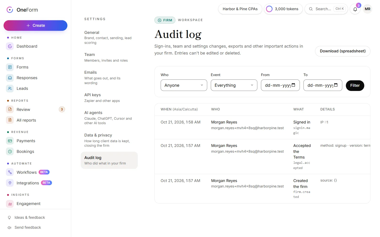 The audit log, with filters and a list of recent events