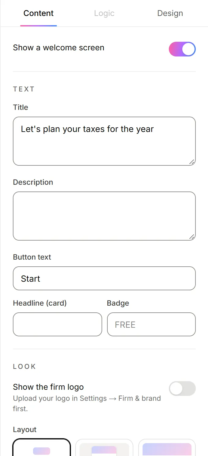 The welcome screen settings: text, layout, image and links