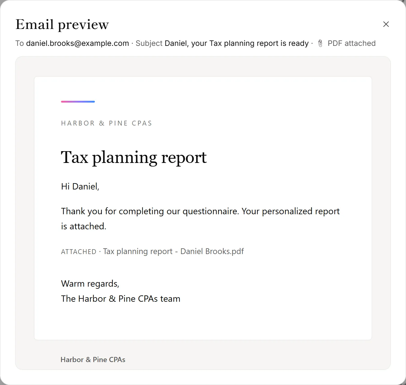 A preview of the report email