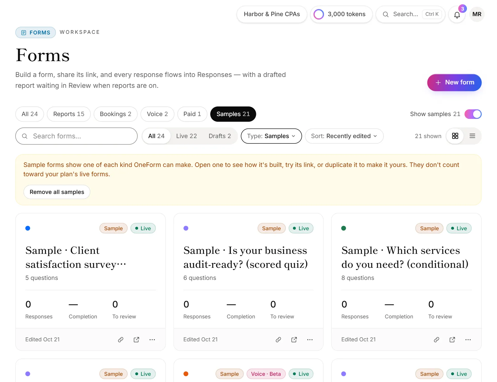 The Forms page showing only the sample forms, with the note about samples and the Remove all samples button