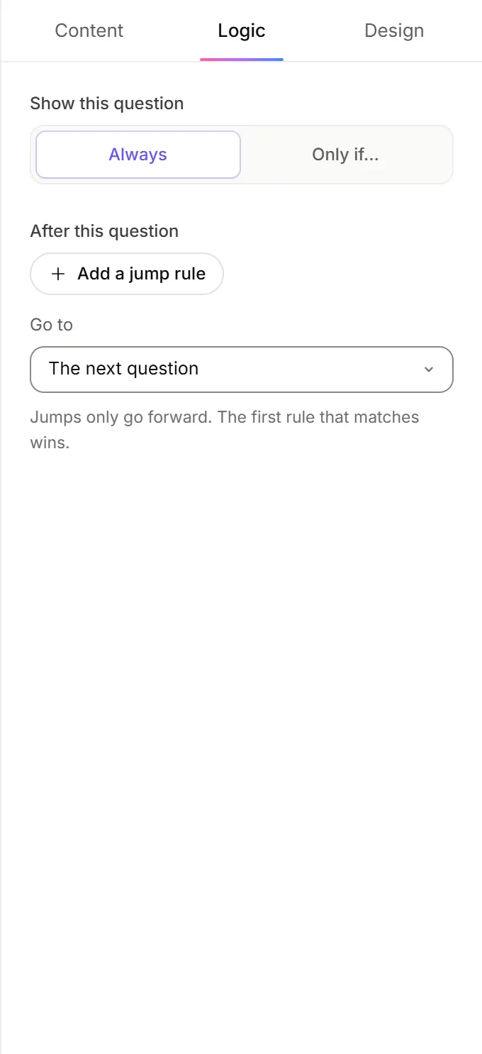 A question's Logic tab, with Show this question, After this question and Scoring