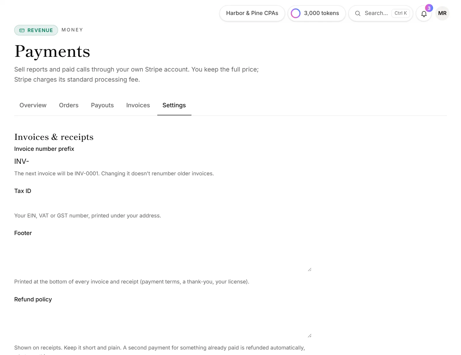 Payments → Settings with invoice details, the card statement name and payment reminders