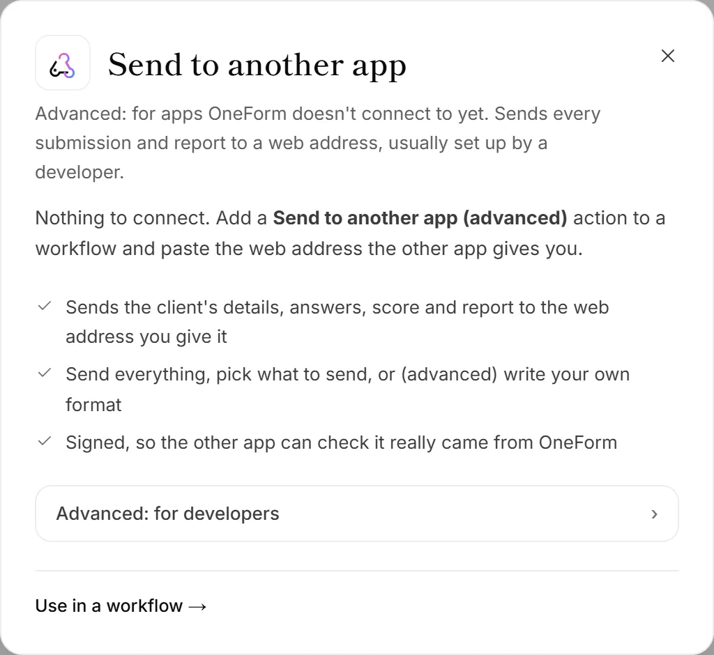 The Send to another app panel with the developer section
