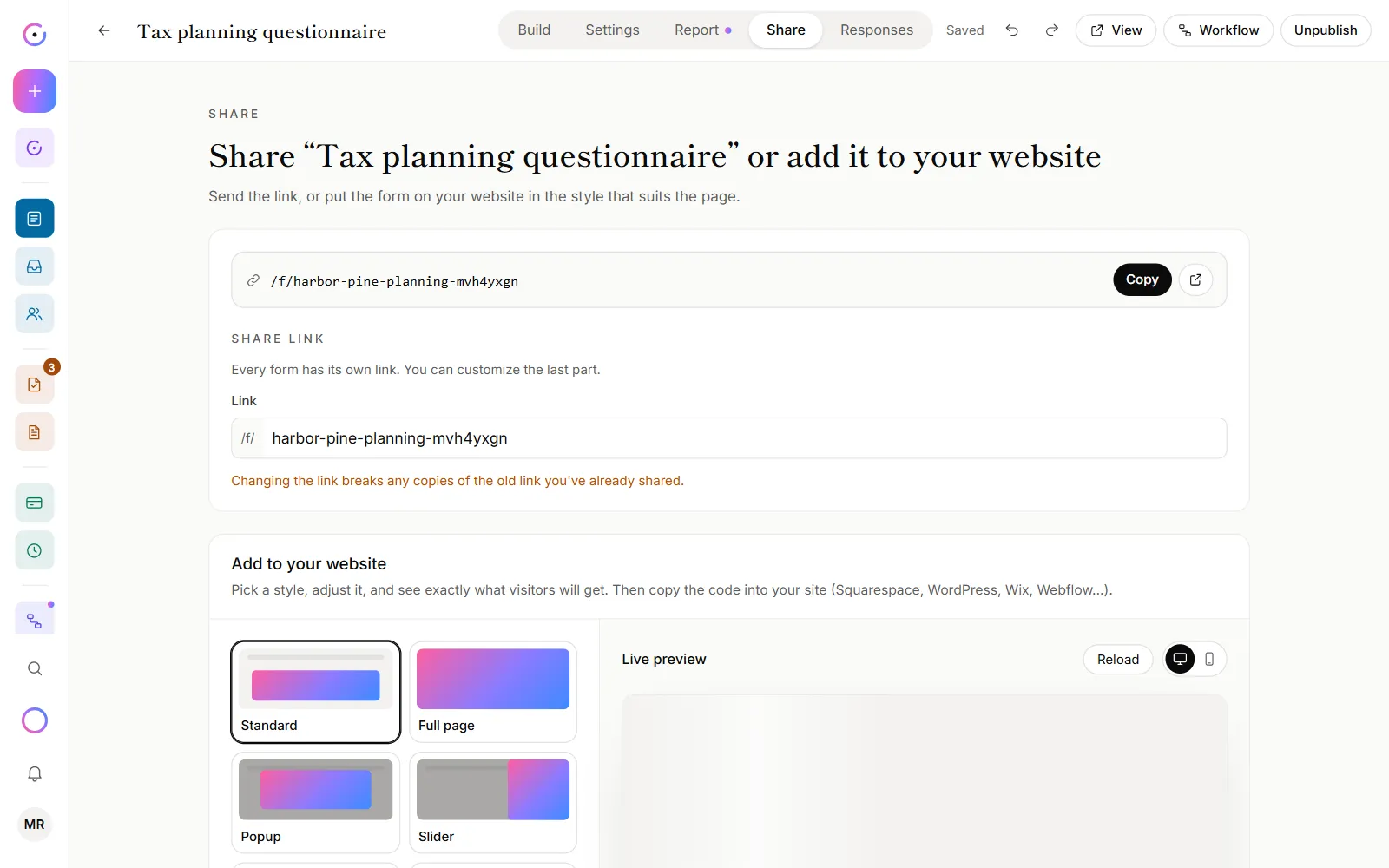 The Share tab, with the form's link, the Copy button and the Share link settings