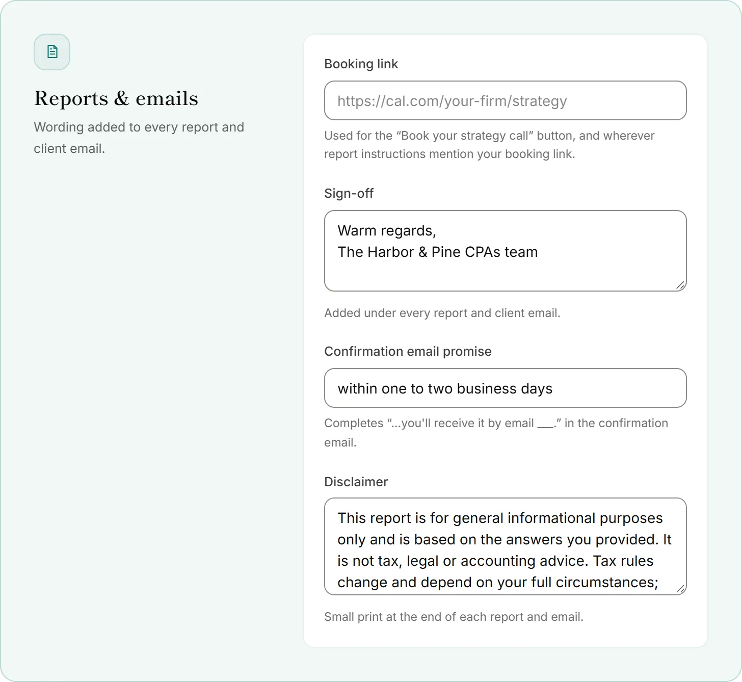The Reports & emails settings, with the sign-off and disclaimer