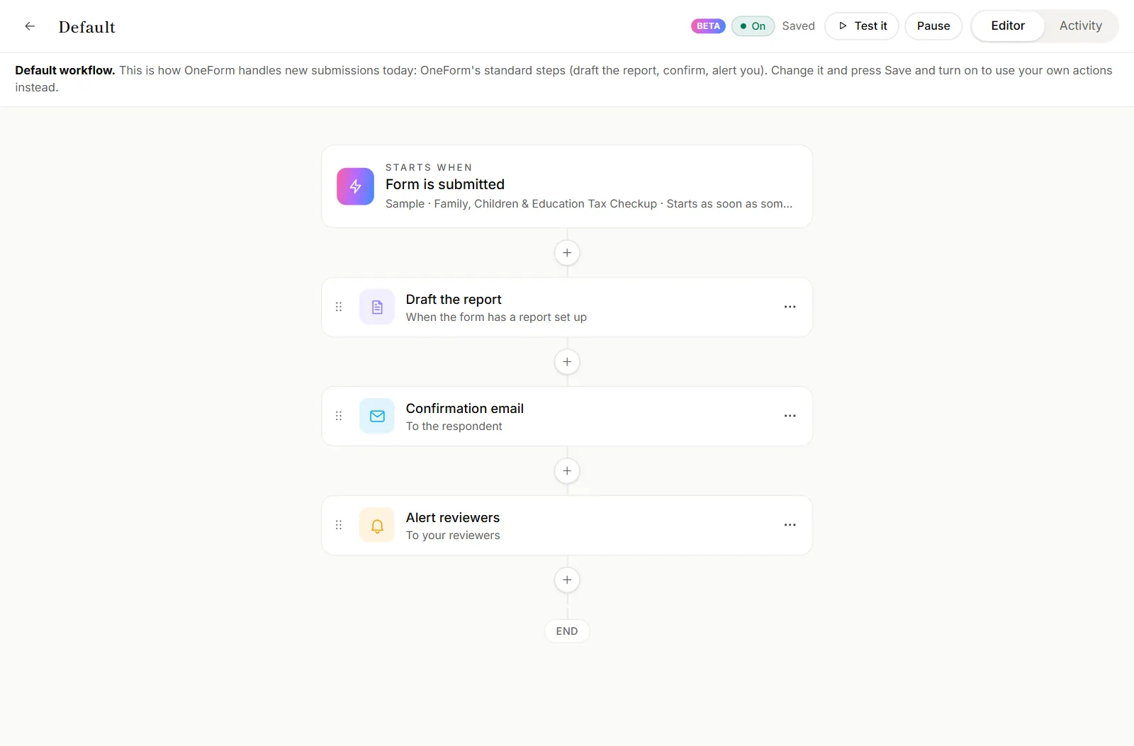 A form's Default workflow in the editor