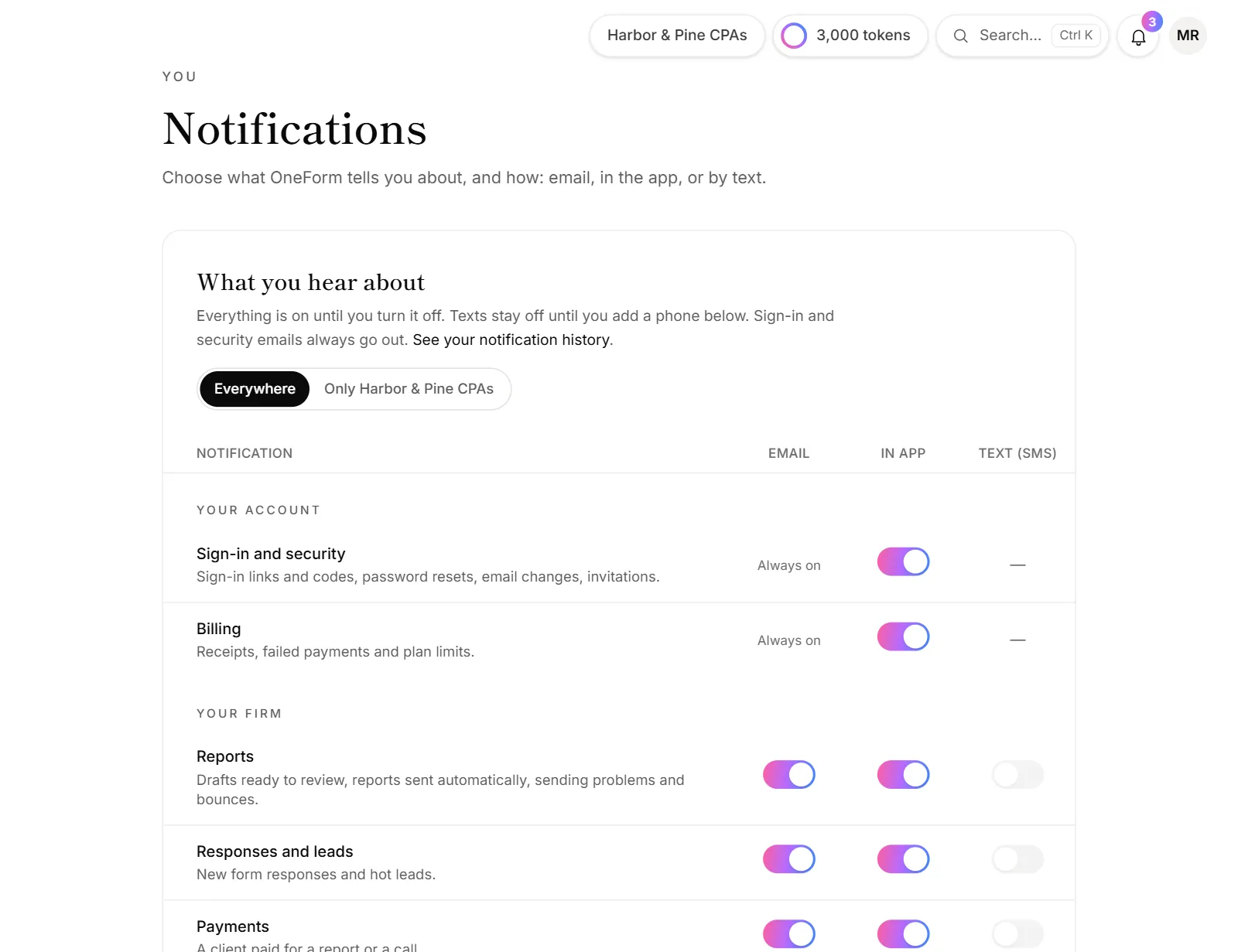 The notification settings, with a switch per kind and channel