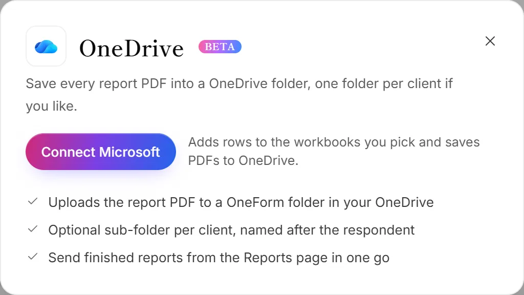 The OneDrive panel on the Integrations page