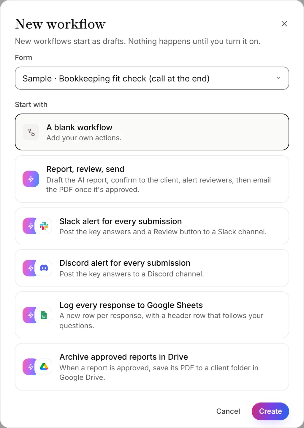 The New workflow panel, with a form, a list of recipes and a name