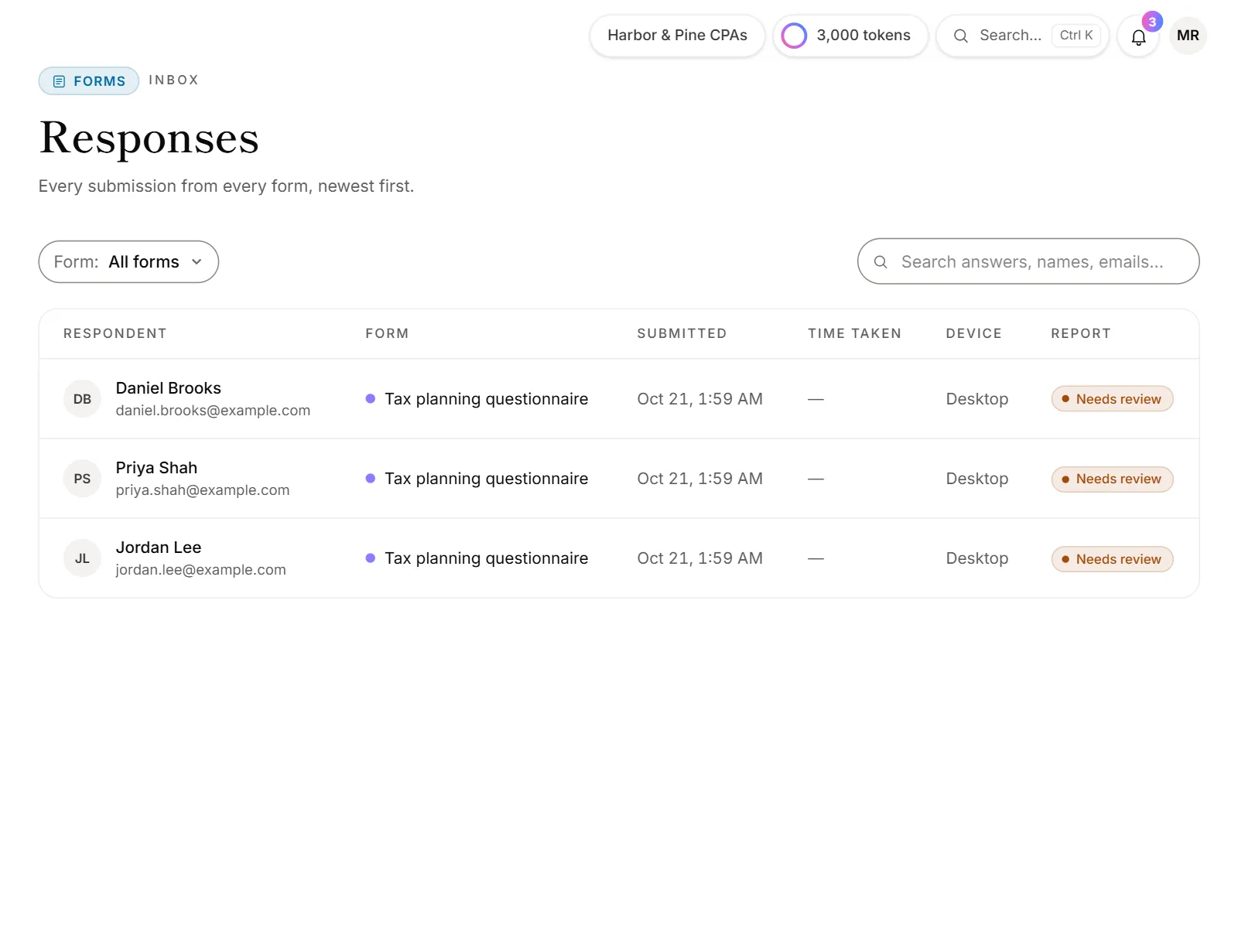 The Responses page, with the form filter, the search box and a list of submissions