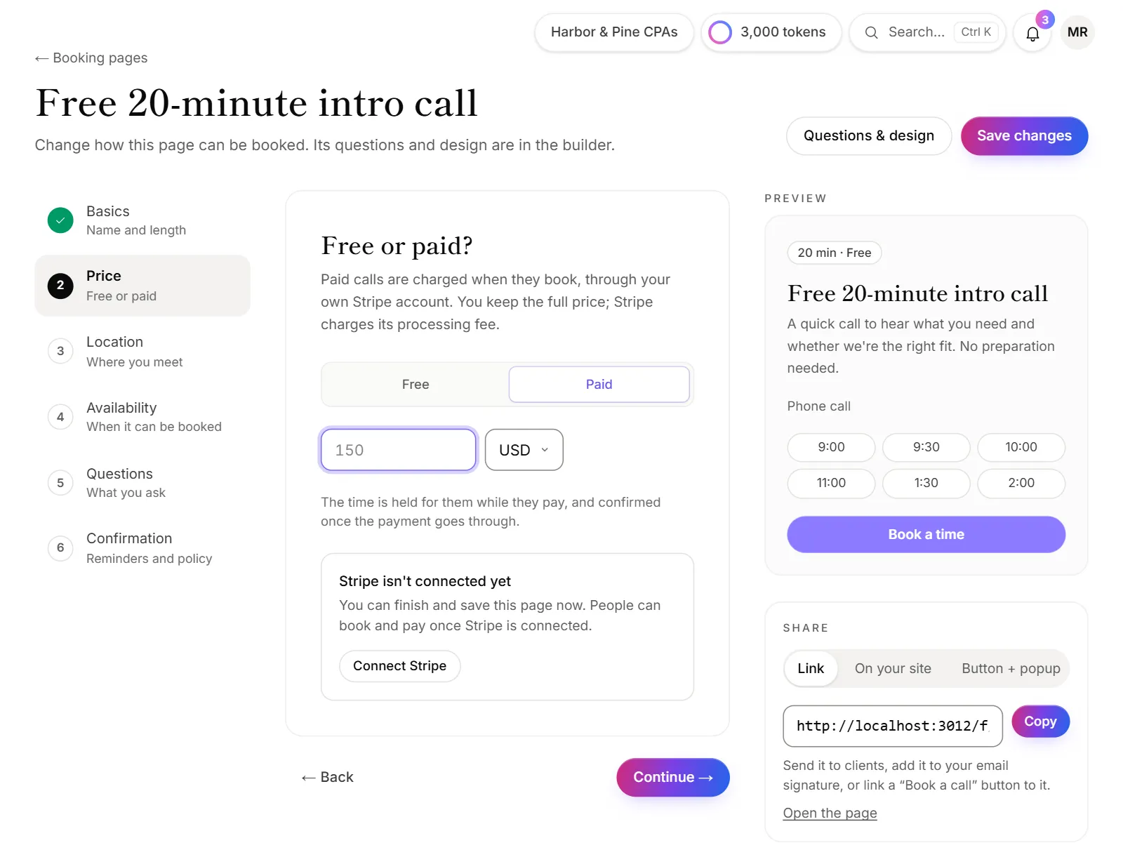 A booking page's Price step, set to Paid