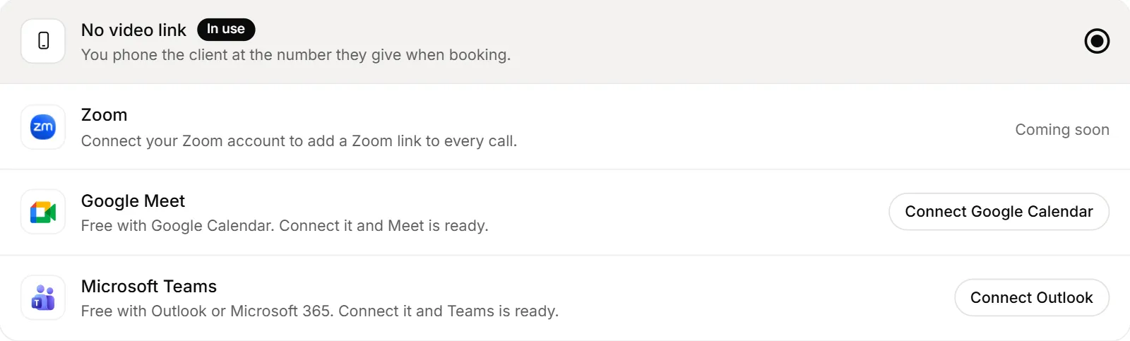 The Video calls choices on Bookings → Integrations