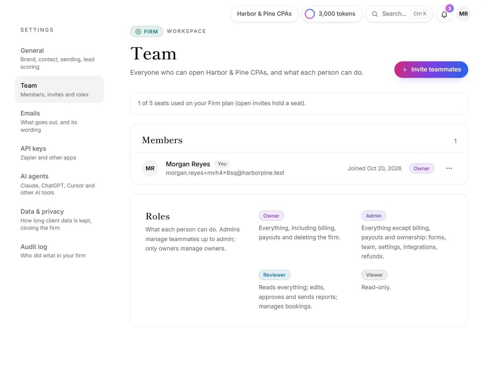 The Team page, with each person's role beside their name