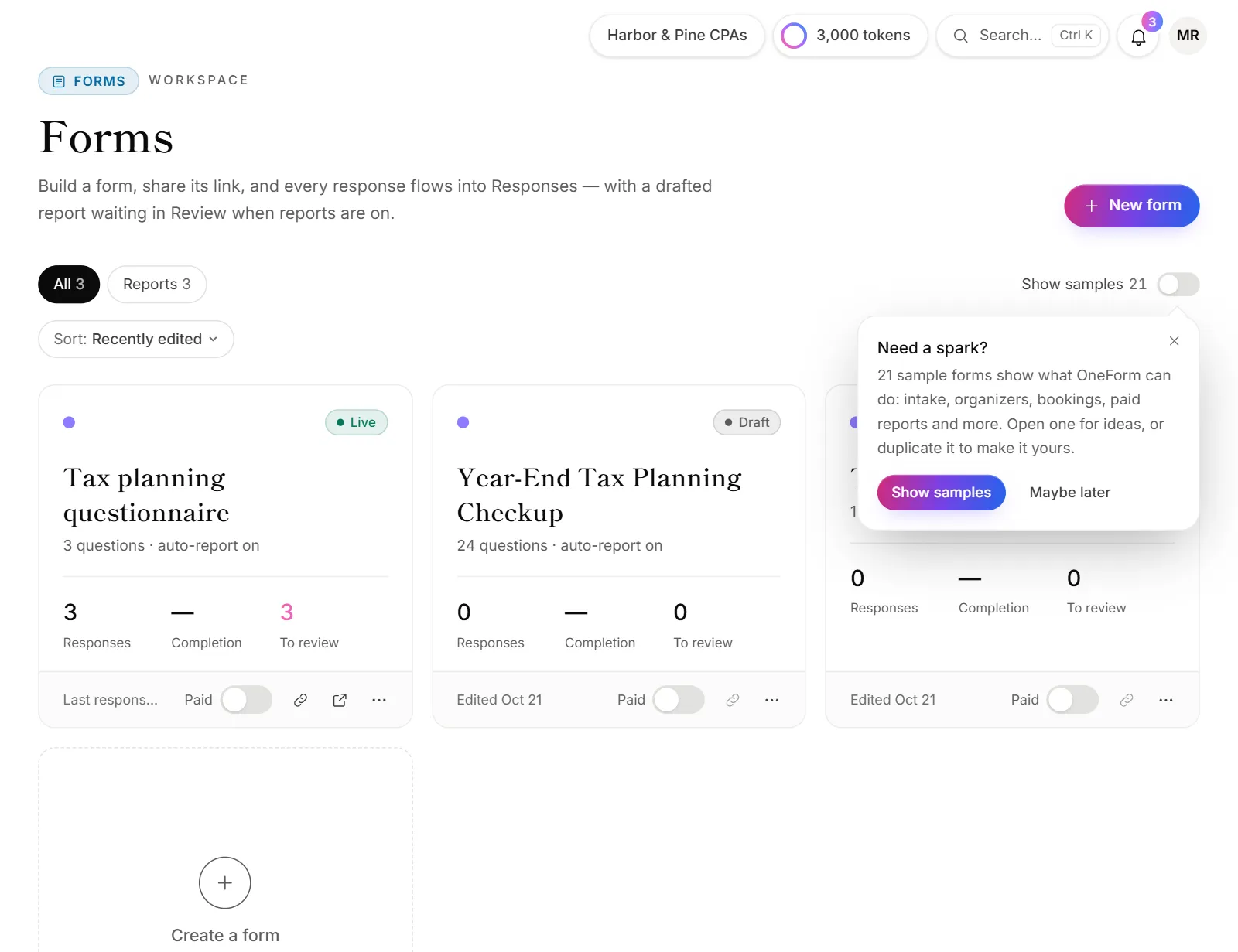 The Forms page with a card for each form, showing its responses, completion and reports to review