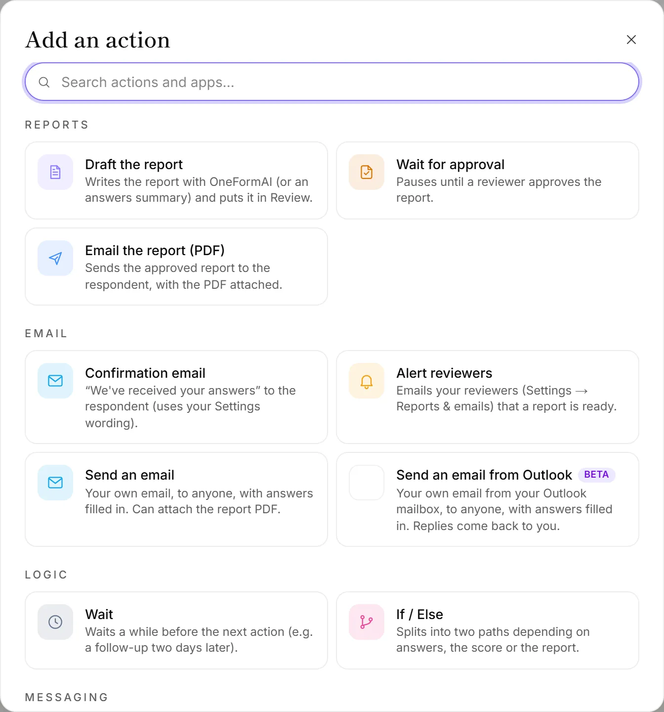 The Add an action panel, with actions grouped by kind