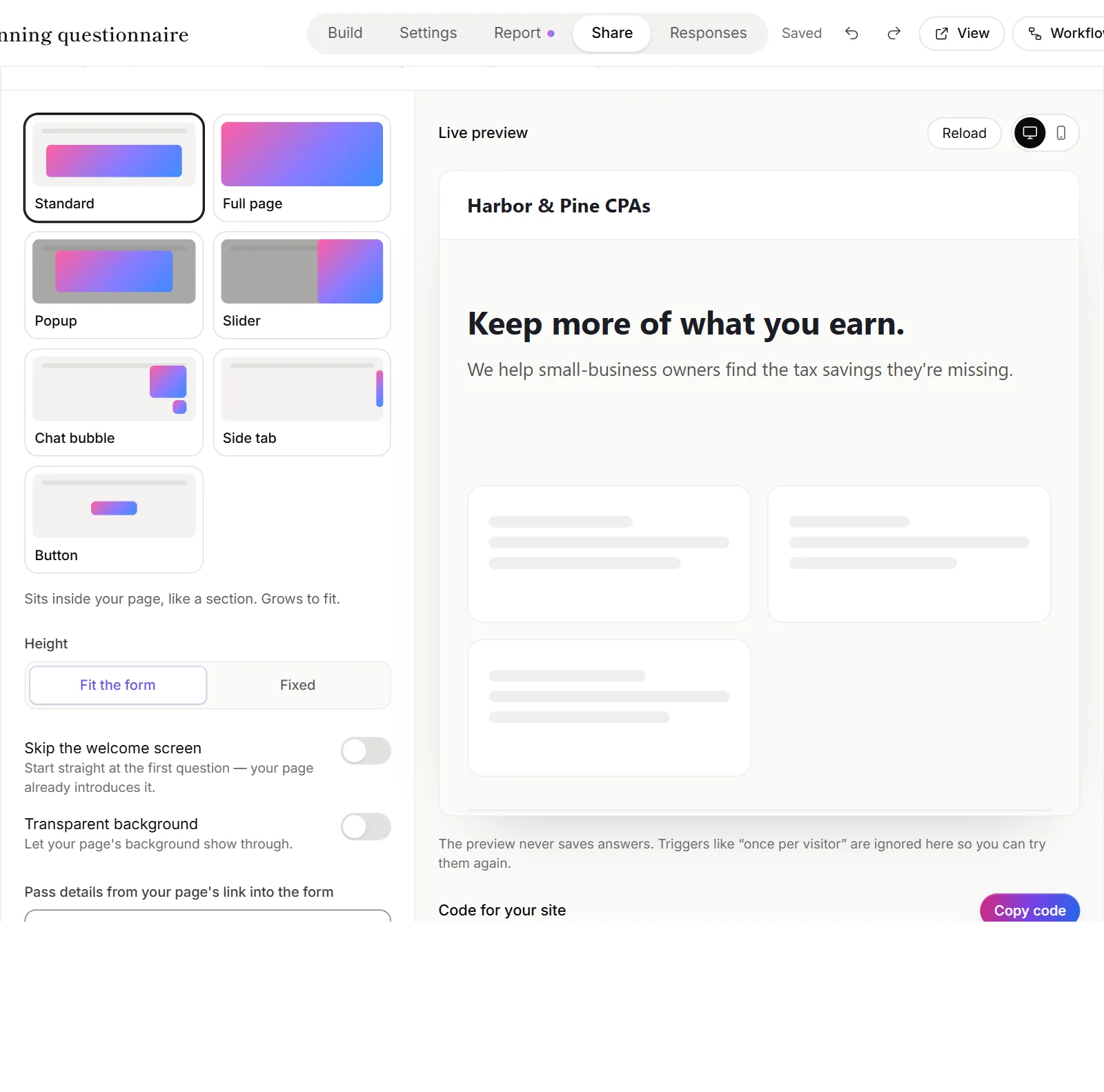 The Add to your website panel, with the styles on the left and the live preview of a sample website