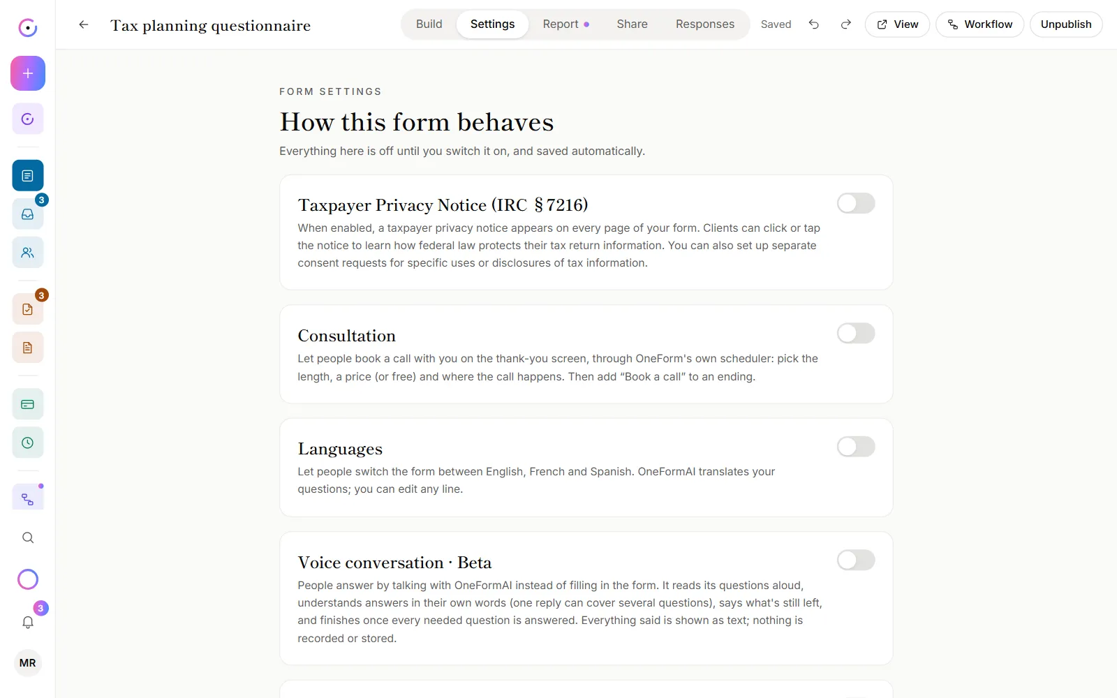 A form's Settings tab with the Consultation card