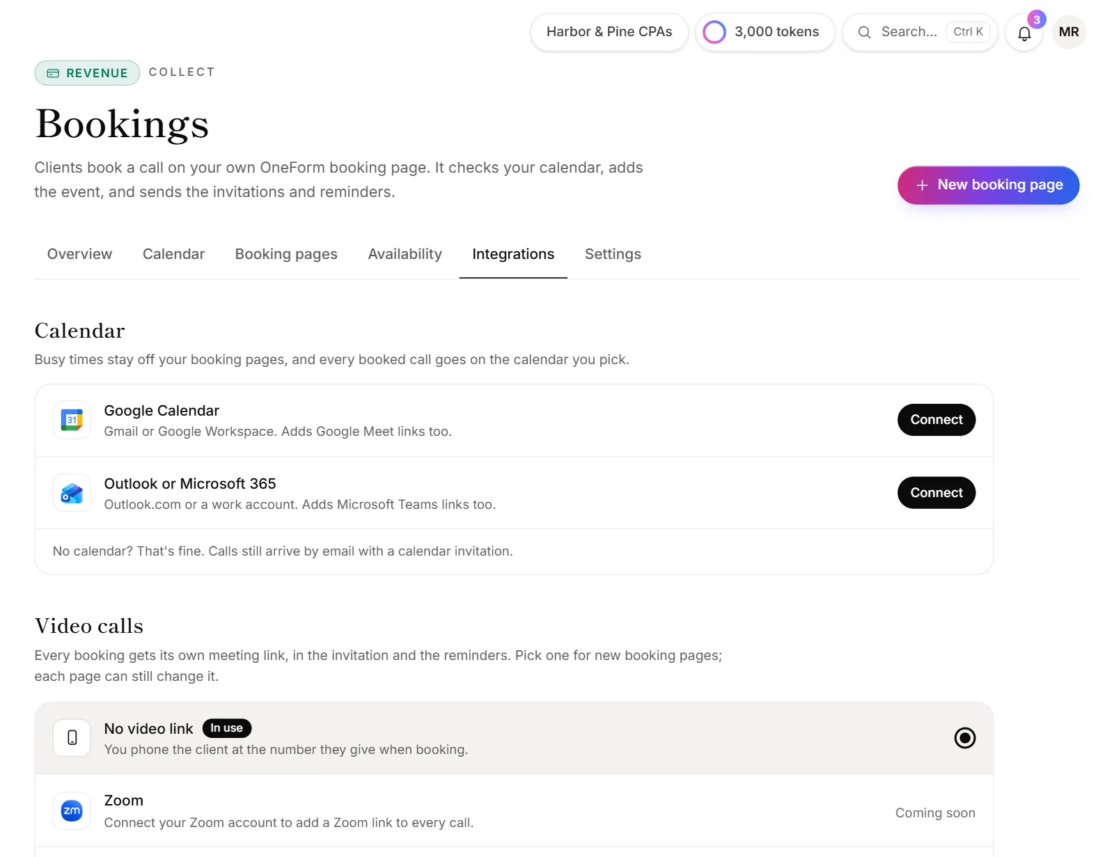 Bookings → Integrations with the Calendar and Video calls sections