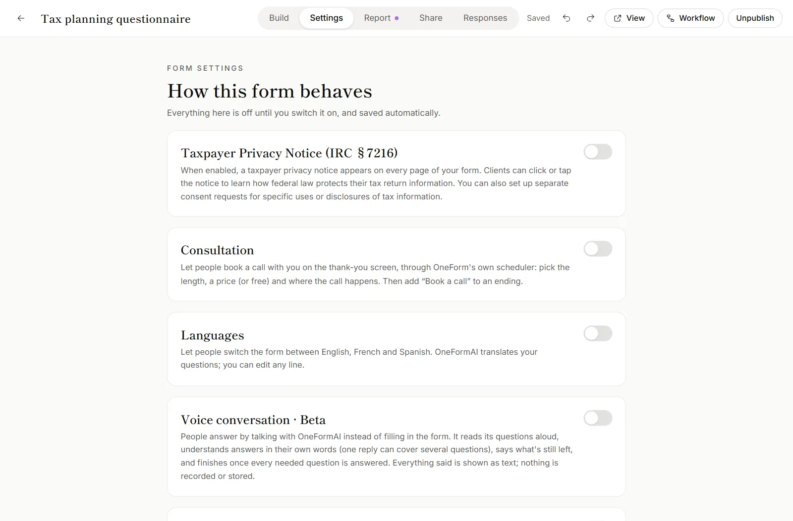 A form's Settings tab, headed 