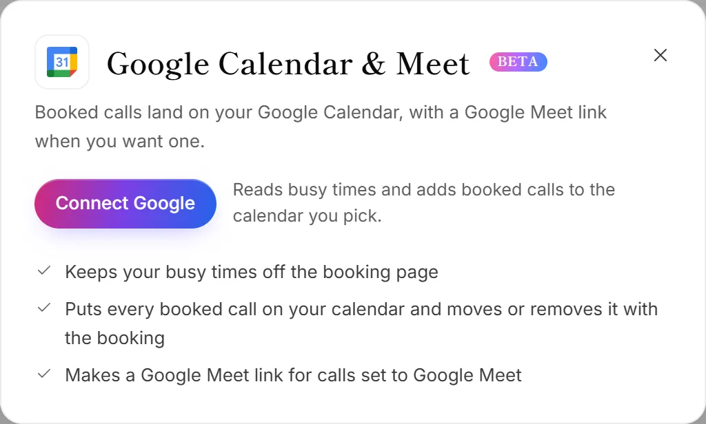 The Google Calendar and Meet panel on the Integrations page